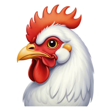 Cinematic Noble White Rooster Portrait Emoji, Poised and regal, with a robust, commanding build and a pristine, well-groomed pure white plumage, deep-set soulful piercing eyes, Simplified yet sharp and sophisticated features, highly detailed, glowing with a soft, dignified glow, high shine, intelligent and proud, stylized with an air of barnyard majesty, focused and attentive, soft glowing outline, capturing the essence of a watchful and confident leader, so majestic it feels as though it could crow out of the screen with effortless authority! sticker