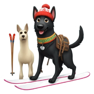 Black German shepherd on skis with a Norwegian hat on holding a llama sticker