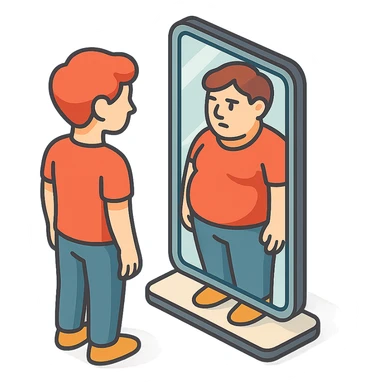 mirror reflecting a body that differs from the original, hinting at distorted body perception or psychosomatics of appearance, the physical reflects the inner self, with clear shadows and highlights, 2D isometric style sticker