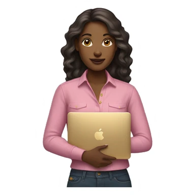 Fair skintone woman wearing a pink shirt holding a gold macbook sticker