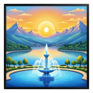 Please generate an image of a sunrise illuminating a lake with a huge fountain like that in the Geneva lake and some mountains in the background. sticker