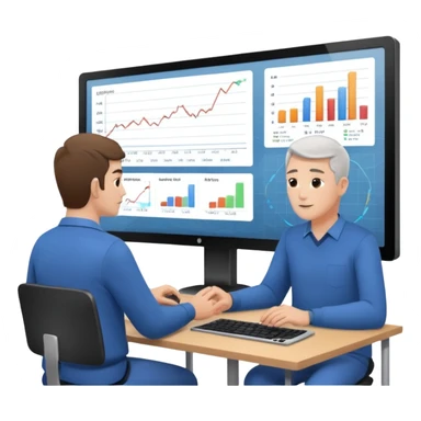 teaching somebody else in person, in the same place, watching the same monitor together, the trainee and trainer are in the similar age, two both are men, the monitor should be showing some data graphs  sticker