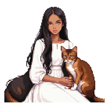 beautiful girl with long black hair in a white dress cuddling an Abyssinian cat with reddish-brown fur sticker