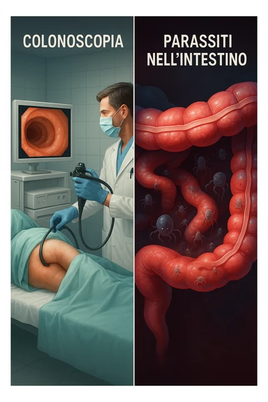 A split-screen medical illustration in cinematic style: on the left side, a doctor performing a colonoscopy on a patient in a sterile clinic, with the endoscopic camera displaying clean, healthy mucosal surfaces on a screen. On the right side, a symbolic cross-section of the same intestine — but shown in deeper layers beneath the surface, where parasitic organisms (small, translucent or shadowy figures) hide between folds and tissues not visible via standard scope. The contrast is clear: what is seen vs. what remains hidden. Lighting on the left is bright, sterile, clinical; lighting on the right is darker, with red and blue tones to suggest inflammation and invasion. Shot in hyper-realistic 3D medical style, educational but emotionally charged IN ITALIANO sticker