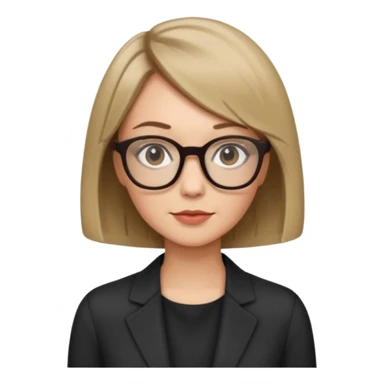 woman dark blonde petite bob haircut wears dark squarish glasses, classic clothes sticker