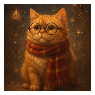 a chubby orange cat wearing Harry Potter glasses and scarf, magical atmosphere, detailed, fantasy style sticker
