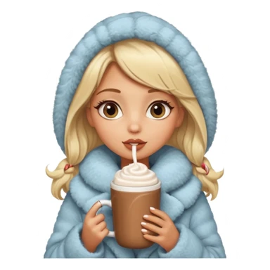 Tanned Girl with lashes , blonde hair, in an extremely big fluffy oversized coat and hold hot chocolate drink and big eyes like dog, big lip sticker