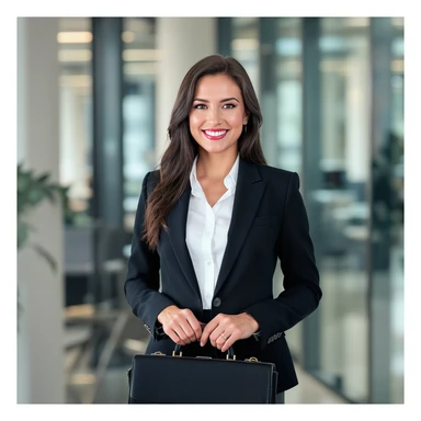 female professional in a suit, holding a briefcase, smiling, office setting sticker