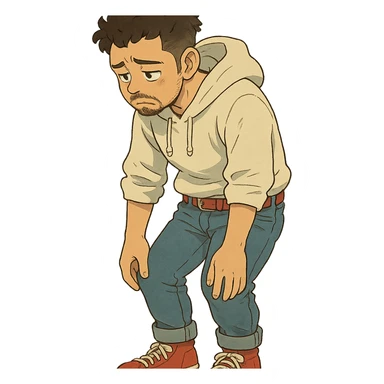1 male, mid fade haircut dark chestnut brown curly hair, toasted lightskin, white hoodie sleeves up, fashion jeans, red fashion-sneakers shoes, red belt, short trimmed beard and goatee,  style of deku from "my hero academia", doing a "sad" pose sticker