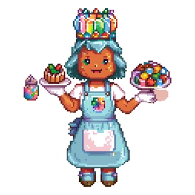A playful baker in a pastel-pink candy lab. Walls of bubblegum bricks, frosting-covered counters, and a cupcake-shaped oven. The baker wears a gummy bear-studded apron, marshmallow gloves, and a rock candy crown. UI elements look like melting lollipops, candy cane sliders, and syrupy transitions. sticker