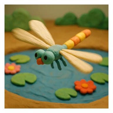 claymation style dragonfly flying with a blurred motion effect, colorful pond background sticker