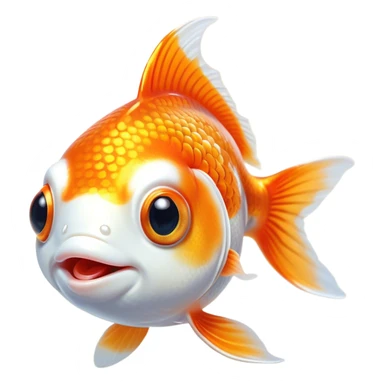 Cinematic Cute Orange and White Goldfish Portrait Emoji, Head tilted playfully and inquisitively, featuring a glossy, vibrant body adorned with a striking mix of orange and white, round, sparkling golden eyes filled with curiosity, Simplified yet irresistibly adorable features, highly detailed, glowing with a warm, friendly glow, high shine, affectionate and lively, stylized with a touch of whimsy, bright and endearing, soft glowing outline, capturing the essence of a mischievous yet loving goldfish, so playful it feels like it could swim out of the screen and into your heart! sticker
