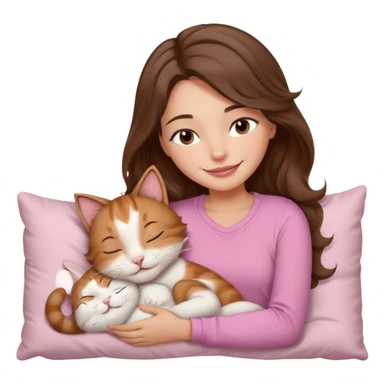 girl with wavy long brown hair, brown eyes, light to medium complexion, long lashes, light pink lipstick, smiling, wearing light pink shirt, sleeping on a cozy pillow, cuddling a cat  sticker