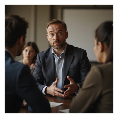 Man interrupting a conversation to talk about his symptoms, wide gestures, staring at the interlocutors to ensure their attention, social environment, hyperrealistic 4K details sticker