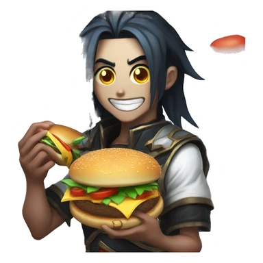 kayn from league of legends eating an hamburger 2d anime sty sticker