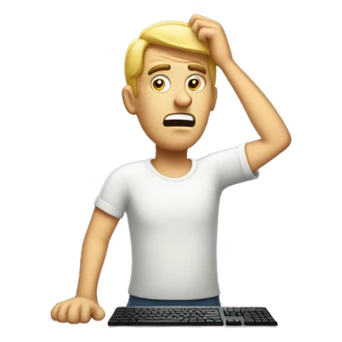 puzzled man scratching head and reading computer which says "VV" on the back. sticker