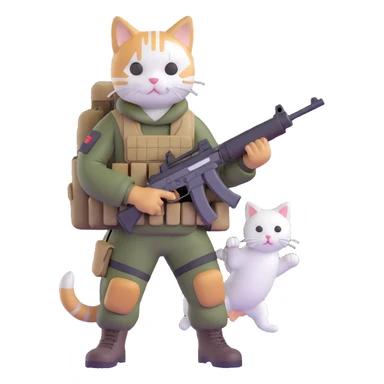 Man in tactical airsoft gear holding a gun in one hand and a white and brown cat in the other hand sticker