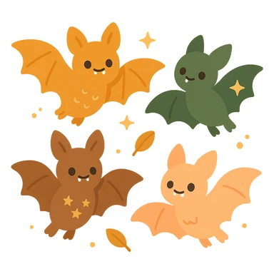 A group of cute, flying bats with a soft and magical aesthetic, illustrated in a warm color palette: golden orange (FA9B41), deep forest green (4A7C5C), muted taupe brown (96775A), and pastel peach (FFCC9A). Each bat has round, friendly eyes, small fangs, and gentle wing shapes with whimsical patterns or tiny stars. Their fur and wings are colored in soft combinations of the given tones, giving them a cozy, storybook-like charm. They fly playfully through a softly glowing night sky with sparkles or floating leaves, creating a dreamy, enchanting atmosphere. The mood is cute, calm, and a little magical sticker