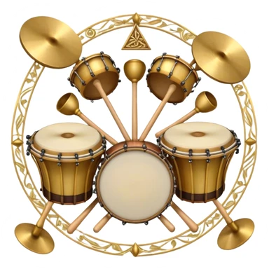 Create a heraldic, festive, and professional emblem-like emoji representing percussion instruments. The design should resemble a traditional crest, featuring a variety of percussion instruments such as cymbals, triangle, tambourine, maracas, timpani, bongo drums, and other traditional folk percussion instruments. Arrange them symmetrically, with cymbals crossing each other, the triangle at the center, and timpani or bongo drums flanking the sides. Include tambourines and maracas prominently, adding rhythm and texture. A flowing ribbon of musical notes should elegantly weave through the instruments, enhancing the sense of movement and celebration. Add intricate decorative patterns on the instruments, along with ornamental swirls, laurels, or flourishes to elevate the festive and heraldic feel. The overall composition should be balanced, harmonious, and visually striking, with an elegant and professional look. The background should be transparent. sticker