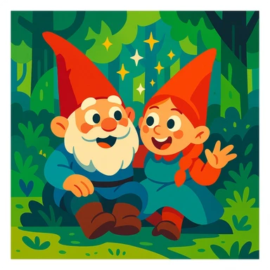 two gnomes in a forest, sitting together, expressive faces, magical sparkles, playful, vibrant toon style sticker