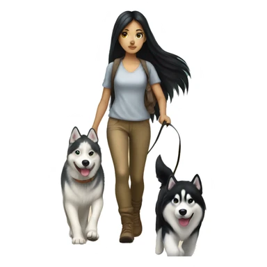 Long black hair pale girl walking husky dog sticker