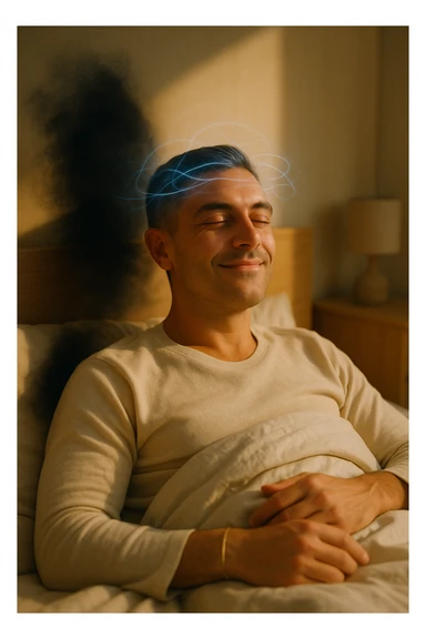 A cinematic image of a man in his mid-30s lying in bed, just waking up from deep sleep. His expression is calm and visibly transformed — a sense of inner peace, relief and subtle joy on his face. Soft morning light enters the room, casting gentle golden tones over his features. His eyes sono ancora semi chiusi, ma il viso è disteso, come se un grande peso fosse stato rilasciato durante la notte. Accanto a lui, simbolicamente sfocato, un’ombra o un alone scuro si dissolve, rappresentando il malessere notturno superato. Intorno alla sua testa, leggere onde di luce azzurra o bianca simboleggiano l’attività cerebrale rigenerativa della fase REM. La camera è ordinata, minimalista, con materiali naturali. L’atmosfera è serena, rigenerativa, intima. Shot in 35mm film style, high realism, shallow depth of field, warm highlights and clean shadows. sticker