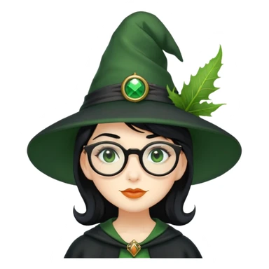 Green witch, blak hair, Windsor glasses, black hat sticker