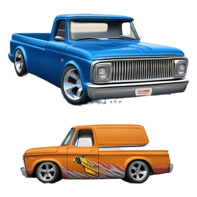 Side shot, Hot wheels, Hot rod, large panel truck, 1964 with exposed chrome exhaust pipes, blue, large wheels in back small front wheels  sticker