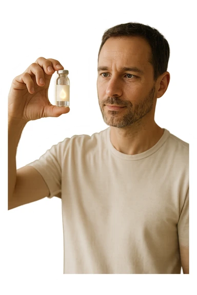 A realistic, high-quality cinematic photo of a health-conscious man in his late 30s holding a small clear glass vial filled with structured, informatized water used in kinesiological treatments. The man is standing in a bright, clean holistic therapy studio with wooden furniture and plants, looking at the vial with a focused, hopeful expression. The vial has a minimalist label with a water droplet symbol, glowing softly to symbolize its informational energy properties. The atmosphere is calm, professional, and filled with natural light, conveying the holistic, gentle yet advanced nature of kinesiological practices sticker