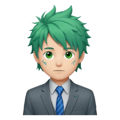 deku : boy anmie green hair green eyes in a ua gray jacket and blue tie suit with frenkles messy hair sticker