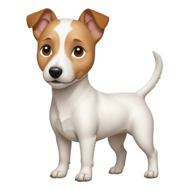 a full body white jack russel looking dog the size of a kelpie with light brown ears and a light brown patch on one eye and a large snout sticker