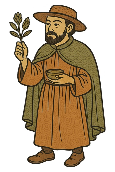 A full body medieval male doctor holding a herbal remedy remove the mask sticker