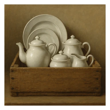 Сгенерируй мне деревянный ящик с фарфоровой посудой в стиле реалистичной живописи, на однородном фоне sticker