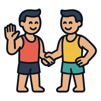 two gym buddies meeting each other, friendly, waving or shaking hands, simple and clear design, icon style, fitness theme sticker