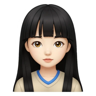 cute Korean girl, long black hair, fringe, beige eyes sticker