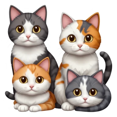 4 different coloured short haired cats including; a dark brown and white cat, and a dark grey and white, and a calico sticker