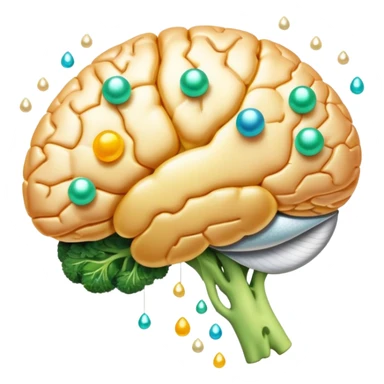 Glowing brain and liver connected by a pearlescent capsule, surrounded by choline-rich foods: eggs, liver, fish, and broccoli. Golden waves showing neural connections flow from the brain, with all elements having an ethereal glow representing cognitive benefits. sticker