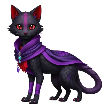 Kawaii feral, four-legged gothic dark badass black, red, purple, beautiful pretty elegant divine edgy feline-vernid-sergal-Trico-fursona-animal-creature, full body, with intricate detailed markings, silken shawl sticker