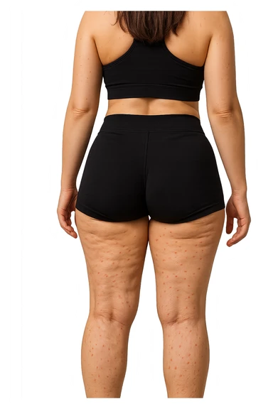 donna di schiena in gym shorts con cellulite e red spot sparsi sulle gambe sticker