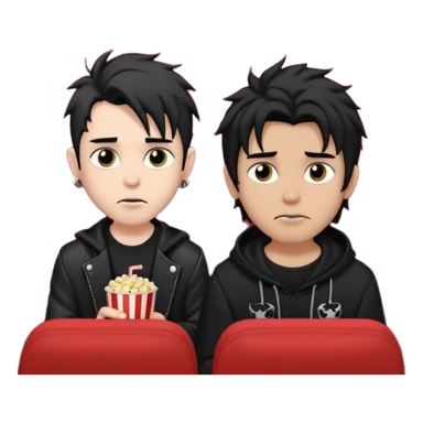 pale Goth boy with a bunch of face piercings, with shaggy dark brown hair, next to a tan skin gamer boy with long black hair , they are watching a movie in the theater together  sticker
