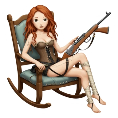 realistic cinematic Tori Amos sits on a rocking chair in a torn corset, holding an antique rifle and her bare feet are muddy. A white snake is wrapped around the chair. sticker
