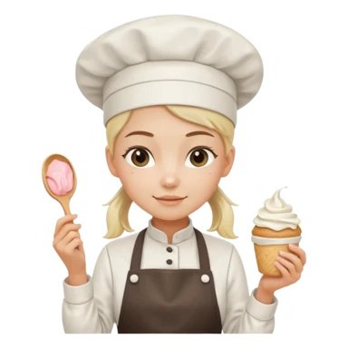 Young female pastry chef - single ponytail, apron, wearing a white hat, holding a cream bag sticker