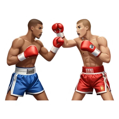  a high-stakes boxing match for the world championship title. Two professional boxers, wearing gloves and championship belts, exchange powerful punches in the center of the ring. The background features a packed arena with bright lights, a roaring crowd, and the championship banner hanging above.  sticker