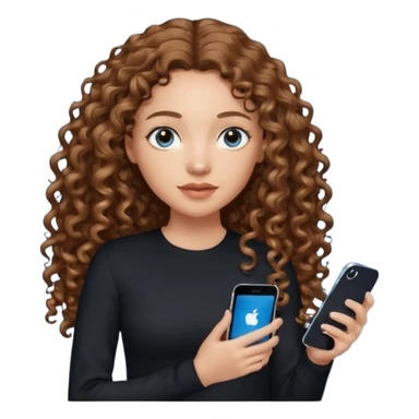generate a pretty woman with blue eyes, light skin and medium brown long curly shiny hair holding an iphone she is looking at the phone and holding it in her hand. she is wearing an ALL black long sleeve sticker