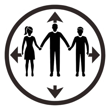 Minimalistic flat vector icon, iOS style, thin black contour on white background. Three people silhouettes connected by circular arrows, symbolizing Scrum teamwork. Clean, no text, no shadows sticker