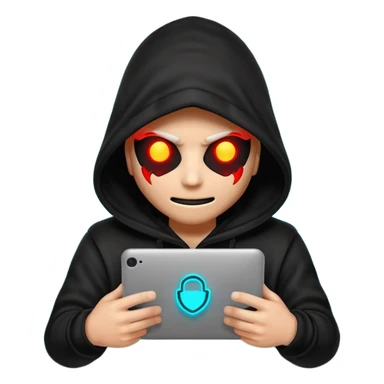 Black-hooded neon hacker emoji, red and cyan glow only, slamming glowing text “FTHESCAMMERS” with impact flash, aggressive anti-scam vibe, smooth 2-second loop, transparent background, Discord sticker style, no new colors. sticker