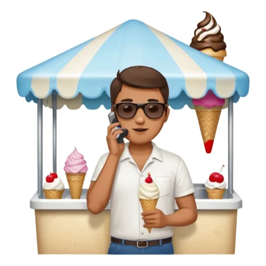 a man standing behind an ice cream stand. he is talking on his phone sticker