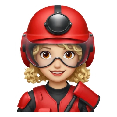 blond curly girl playing paintball with red paintball helmet with eye protection, only face sticker