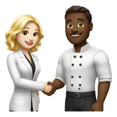 restaurant owner with white skin, and blogger with white skin, shaking hands in great detail sticker