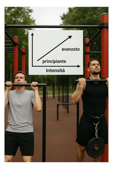 Due atleti fianco a fianco in un parco attrezzato: a sinistra il neofita che fa 10 trazioni leggere con concentrazione, a destra l’atleta avanzato con cintura zavorrata che fa 3 ripetizioni lente e pesanti. Tra loro, grafico sospeso in aria che mostra: 'Volume → neofita | Intensità → avanzato'. Stile realistico con elementi educativi visivi in italiano sticker